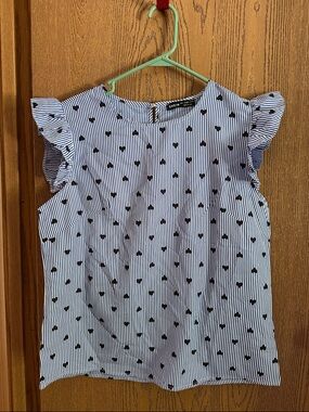 SHEIN Blue and White Striped Top with Black Heart Detail